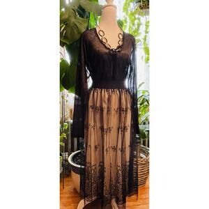 Boho Romantic Goth Victorian Skirt with Sheer Long Sleeve 1 Button Top XL Black